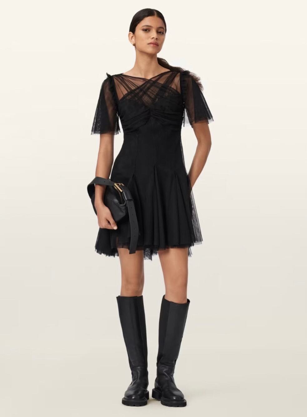 NWOT Allsaints Madi Fitted Slip Dress 6 Black Sheer Wrap Detail V-Neck | Size 6